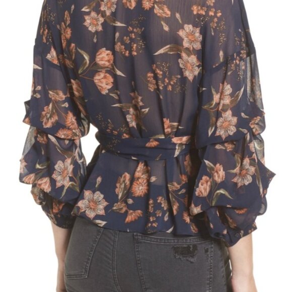 ASTR Women's Floral Wrap Blouse Size Medium Blue Navy V Neck Ruffle Sleeve - Picture 3 of 10